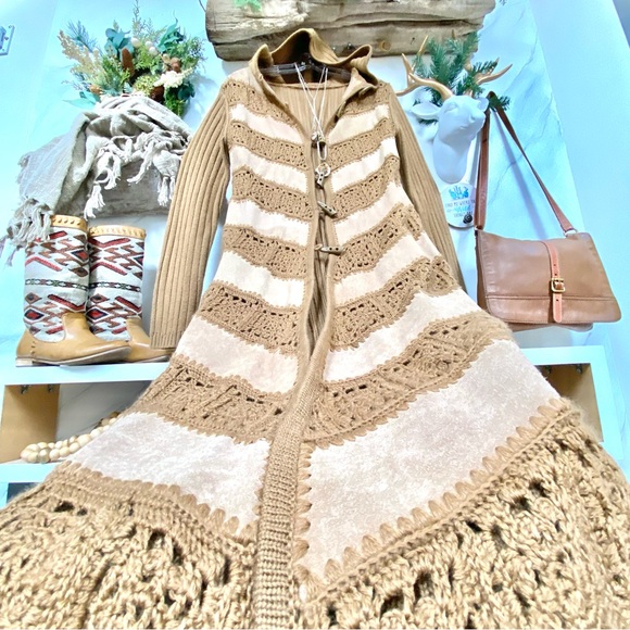 Chevron Suede patchwork/granny square knit combo duster boho cardi jacket - Picture 5 of 16